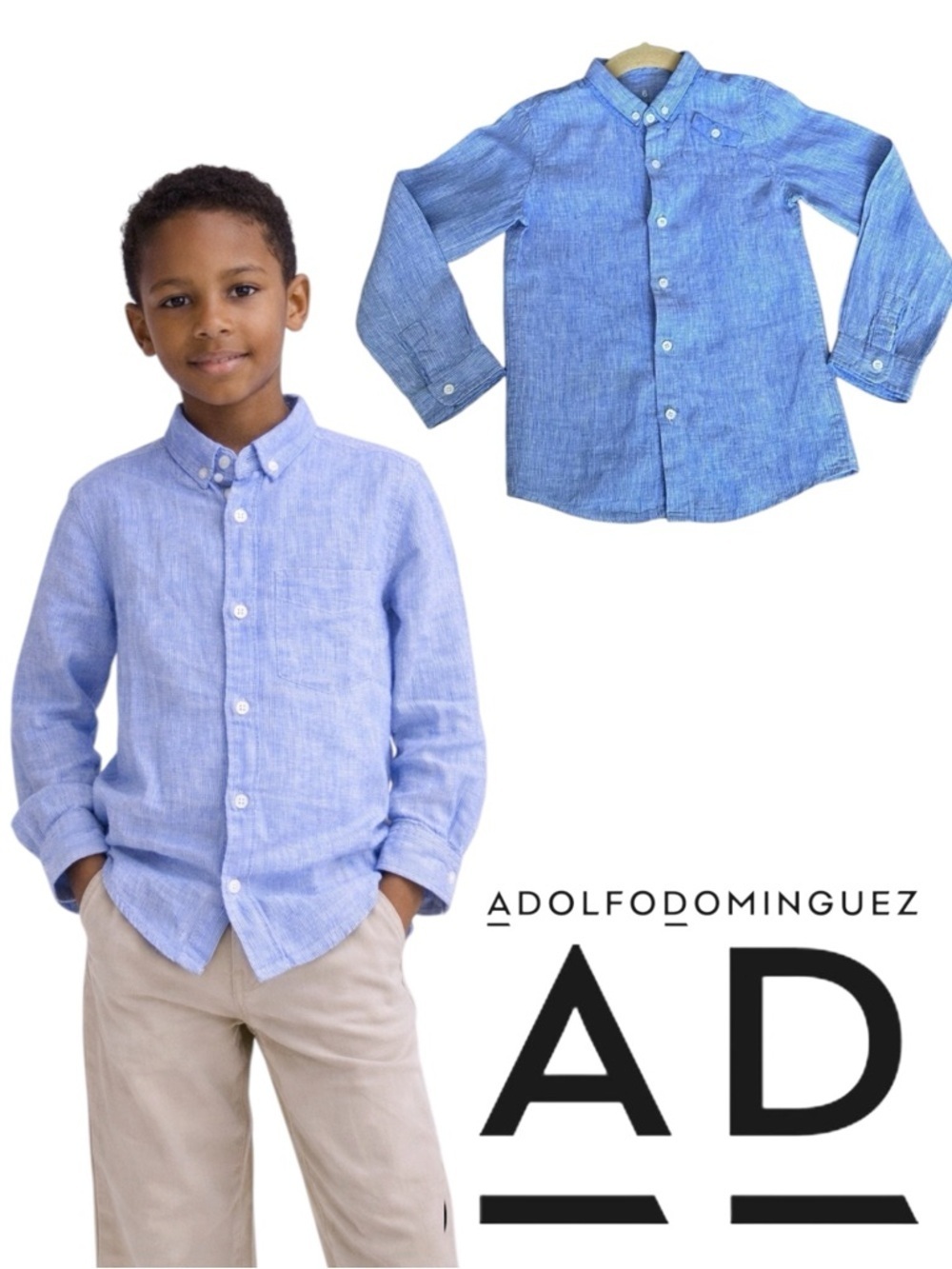 ADOLFO DOMINGUEZ Boys 100% Linen Blue Shirt Size 6